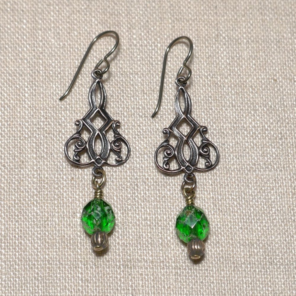 Hand Crafted Handmade Earrings Brass Filigree & Green Czech Glass Bead E…